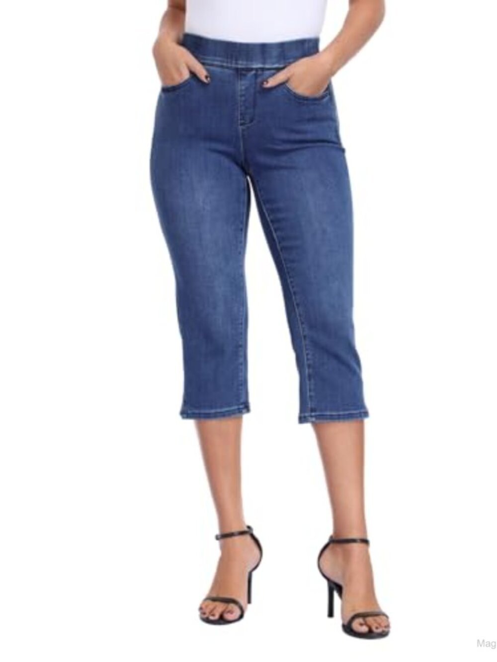 Slim Fit Pull On Jean Capris 21 Inseam High Rise Stretch Denim Cropped Pants